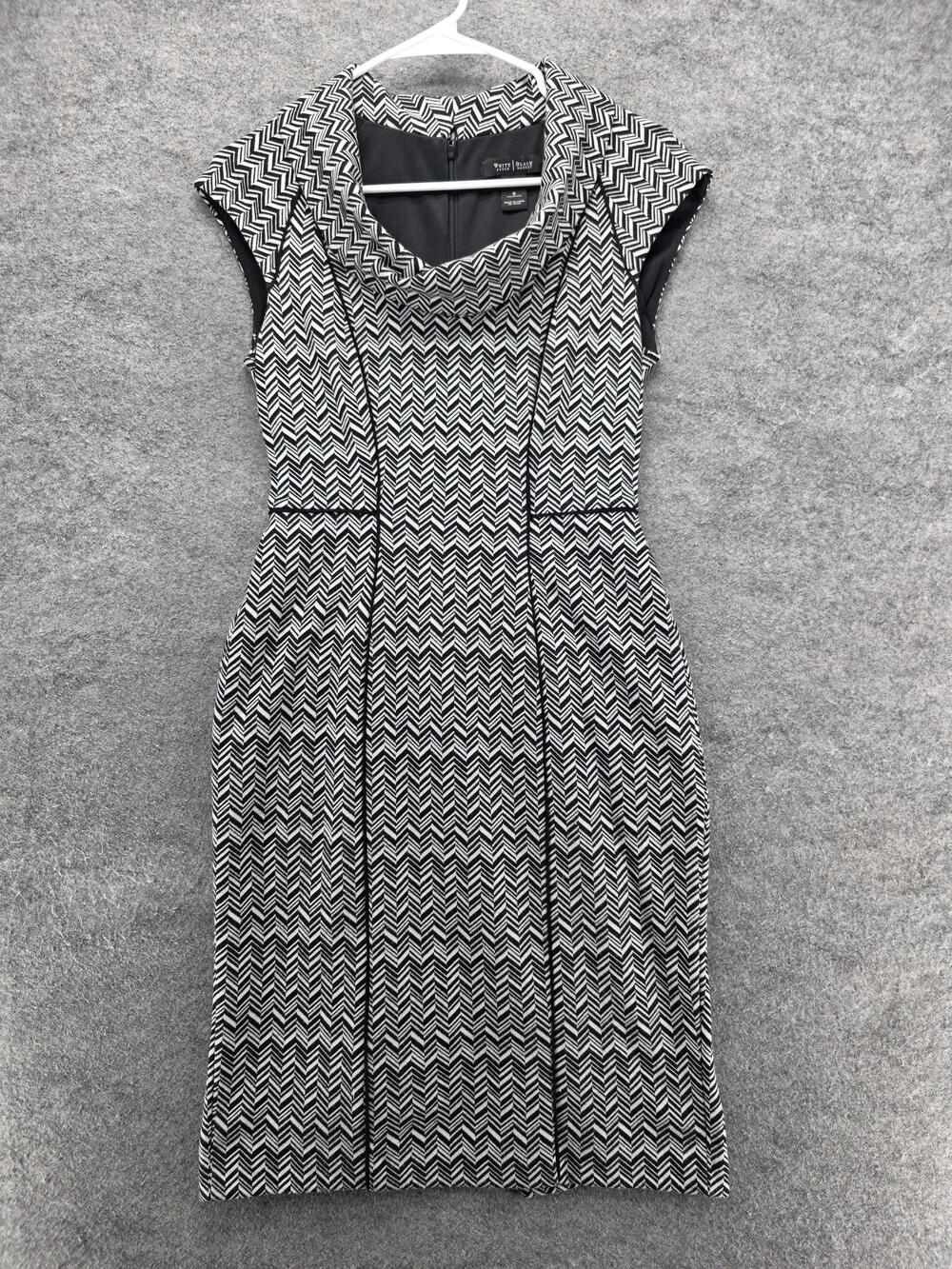 White House Black Market Dress Womens 0 Black White Chevron Sheath Cap Sleeve